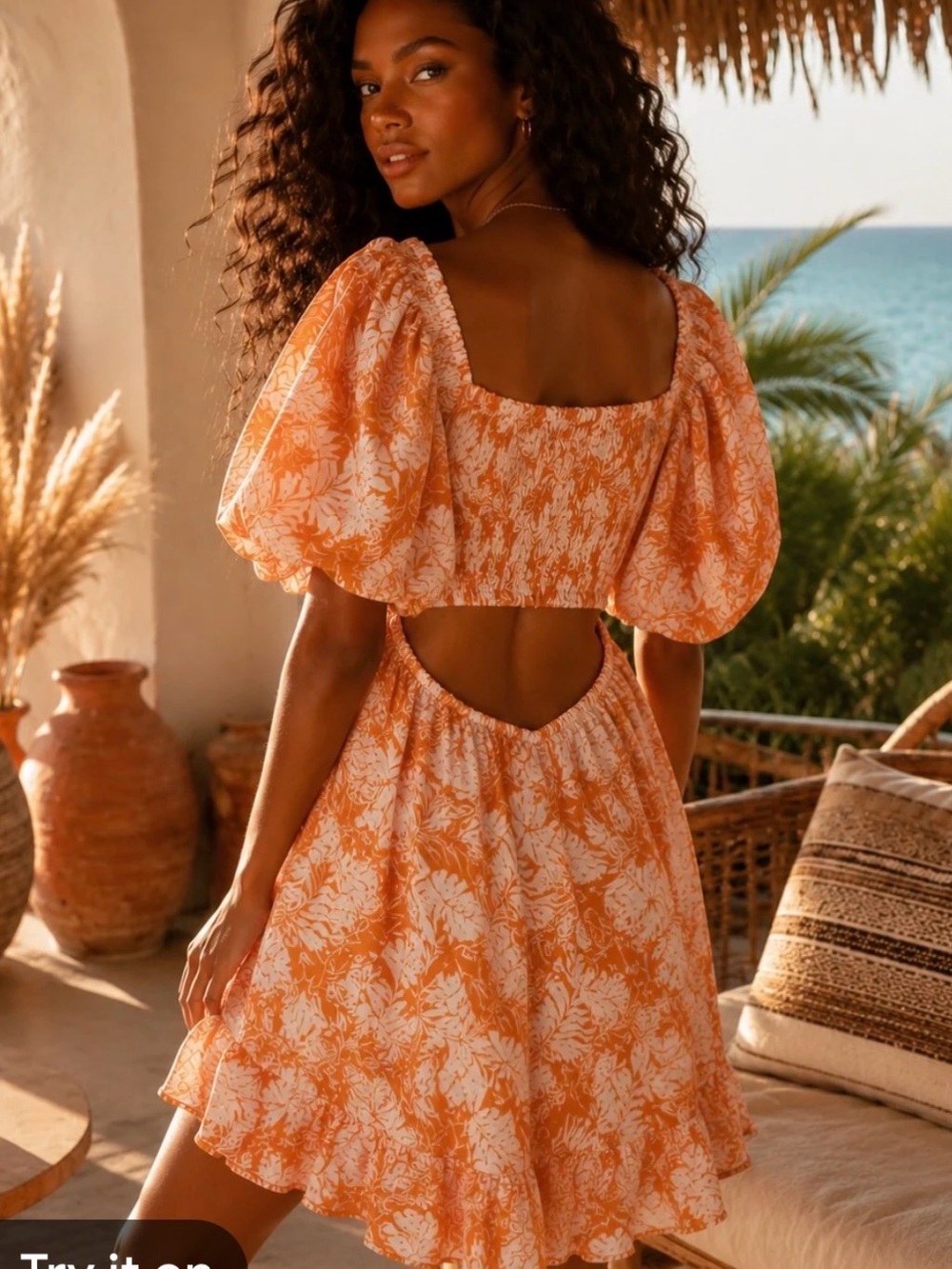 Sky to Moon Floral Backless Puff-Sleeve Mini Dress - Orange